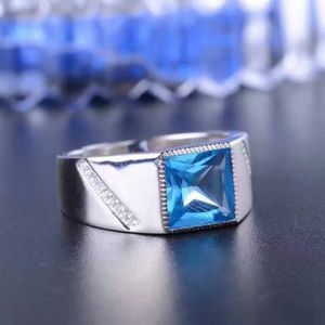 100% natuurlijke blauwe topaas man ring klassieke zilveren edelsteen ring voor man 8mm * 8mm topaz solide 925 zilveren neutrale topaas ring