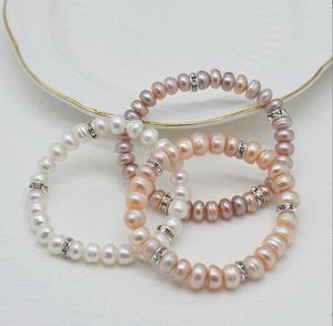 Bracelet de perles d'eau douce 100% naturel Brins de perles Perle de cristal oblate Blanc violet rose 8-9mm Stretch Élastique Accessoires de mode de mariage