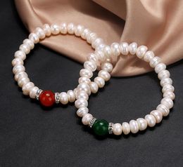 100% perla natural de agua dulce ágata roja pulsera de ágata verde pulsera de cuentas de perlas de 8-9mm pulsera nupcial de fuerza elástica 12 Uds