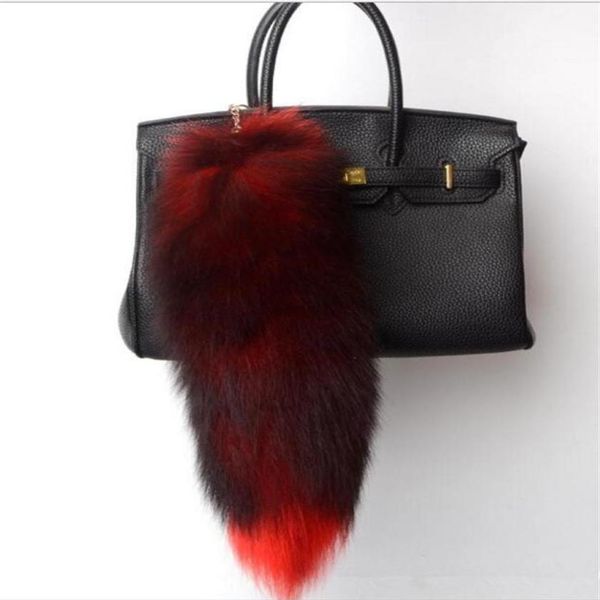 100 grandes chaînes naturelles pompon voiture anneau longueur environ 40cm breloques de sac noir fourrure rouge queue de renard porte-clés2873648250G