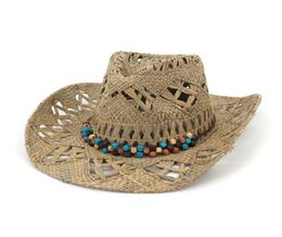 Chapeau de Cowboy en paille de raphia 100 naturel, pour femmes et hommes, tissé à la main, avec pompon, style occidental d'été, 5704351