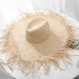 100% naturel raphia chapeau de paille femmes été disquette Jazz soleil grand large bord frange plage casquette tissage à la main Panama casquettes