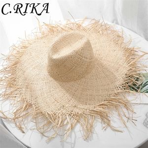 100% naturel raphia soleil femmes été grand Jazz paille Large bord disquette chapeau de plage tissage à la main mode Panama casquette 220627