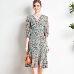 100% natuurlijke zijden damesjurk V-hals halve mouwen bedrukte bloemen zomerjurk casual designer vestidos
