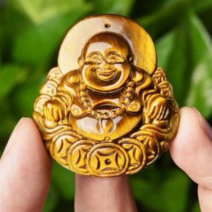 100% pendentif oeil de tigre jaune naturel riant pendentif Bouddha Maitreya head206A
