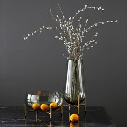 100% nuevo y lujoso jarrón artístico para decoración del hogar, floreros, adornos, cesta de frutas transparente con estante de Metal, soporte para plantas, recipiente de vidrio