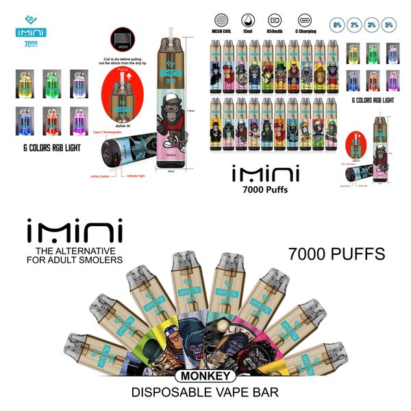 100% Newst Venta caliente Auténtico Imini 7000 Puffs Vape Pen desechable 850 mAh Recargador Batería 20 sabores Vape barato