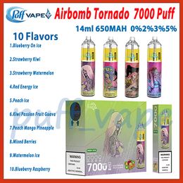 100%originele AirBomb Tornado 7000 Puff Degelbare elektronische sigaret 14 ml voorgevulde pod 650 mAh Oplaadbare batterij 10 Smaken 0%2%3%5%7K Puffs Vapes