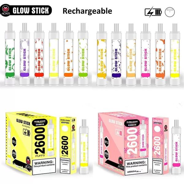 100% d'origine Aokit Glow Stick cigarettes électroniques jetables 2600 bouffées Vape Pen 1350mAh batterie rechargeable 8 ml cartouche de dispositif de pod préremplie