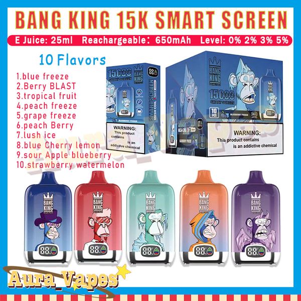 100% original BANG KING 15000 Puff PANTALLA INTELIGENTE Desechable Vape Pen 25 ml Pod Mesh Coil 650mAh Dispositivo de batería Venta al por mayor Vape Puffs 15000 Cigarrillo electrónico