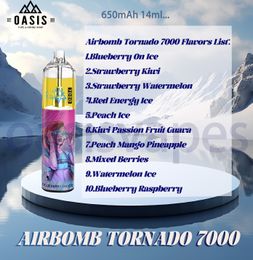 100% originele AirBomb Tornado 7000 PLUFT wegwerp E Sigaretten Oplaadbare batterij 650 mAh 14 ml POD MESH MESH Coil Puffs 7k vape pen