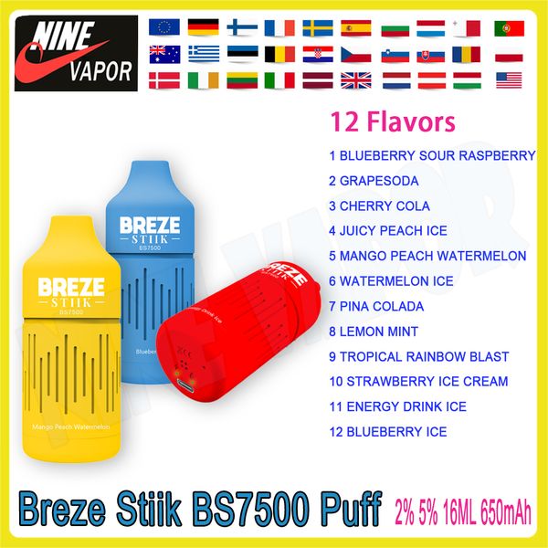 100% original BREZE STIIK BS7500 Puff jetable E Cigarette Vaper Bar 7500 Puff Batterie Puissance 650mAh rechargeable16ml LED lumières lueur 12 saveurs Vapes