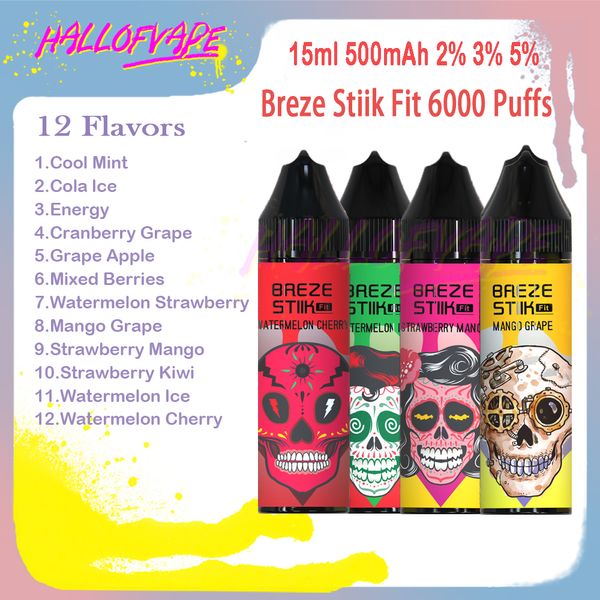 100% original Breze Stiik Fit 6000 Puff Desechable E Cigarrillo Vape Pluma con E-Juice Batería recargable de 500 mAh Capacidad de 15 ml 6K bocanadas 12 sabores diferentes 2% 3% 5%