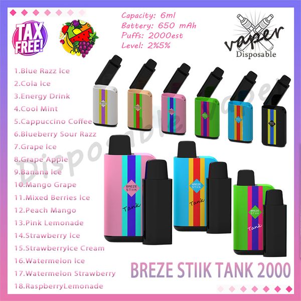 100% original BREZE STIIK TANK 2000 Puff Vapes desechables 2% 5% Fuerza 6 ml Pod 18 sabores E Cigarrillos 650 mAh Batería 2k Puffs Vapes