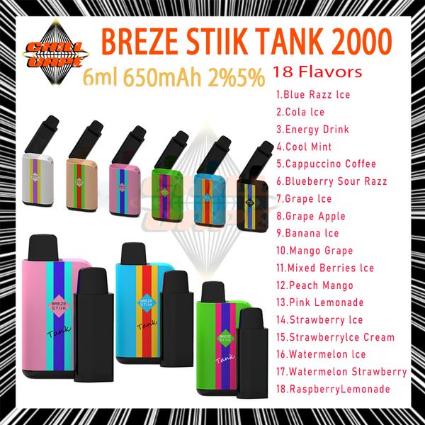 100% original Breze Stiik Tank 2000 Puffs Cigarrillos 2% 5% Vape desechable Pen Ecigs Pod reemplazable 6 ml 18 colores 650 mAh Batería Vaporizador Dispositivo de vapor