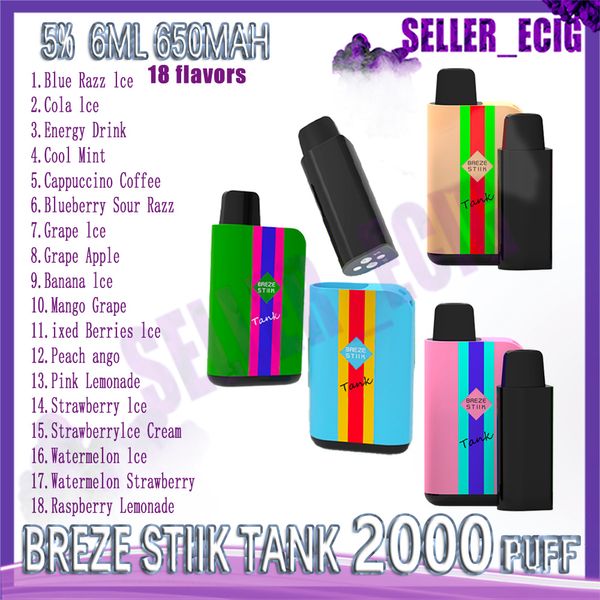 100% original Breze Stiik Tank 2000 Puffs Cigarrillos Vape desechables Ecigs Pod reemplazable 6 ml 18 sabores 650 mAh Batería 2% 5% Vaporizador Dispositivo de vapor