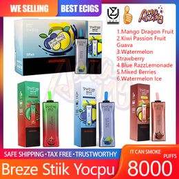 100% original BREZE STIIK Yocup 8000 Puff Jetable E Cigarette Vape Pen avec E-Juice Batterie rechargeable 400mAh Capacité 17 ml 8K Puffs 6 saveurs différentes