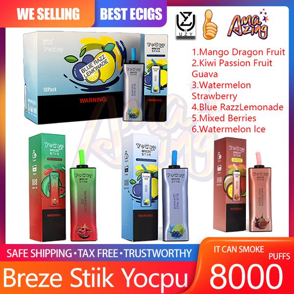 100% original BREZE STIIK Yocup 8000 Puff desechable E Cigarrillo Vape Pen con E-Juice Batería recargable de 400 mAh 17 ml de capacidad 8K Puffs 6 sabores diferentes