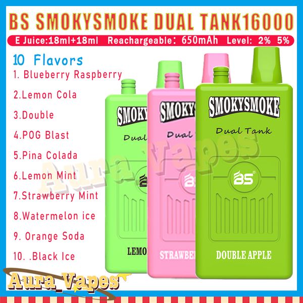 100% original BS SMOKYSMOKE 16000 Puff Cigarrillo electrónico desechable Tanque dual con 2 bobinas de malla individuales Potencia 650 mAh recargable 18 ml + 18 ml 12 sabores Vapes