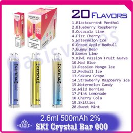 100% original Crystal Bar 600 Cigarrillo electrónico desechable 500mAh Batería 20 sabores 2% Nivel 2.6ml Pod Mesh Coil Puffs 600 Vapers