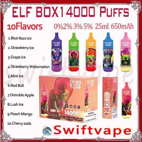 100% Original ELF BOX 14000 Puff Jetable E Cigarette 650mAh Batterie Rechargeable 10 Saveurs 25ml 0% 2% 3% 5% RGB Glow 14k Puffs Vape Pen