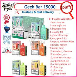 100% original Geek Bar 15000 Puff E Cigarettes 16 ml Pod pré-rempli Stylo Vape jetable 5% Niveau 650mAh Batterie rechargeable 17 saveurs disponibles Puffs 15k