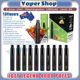 100% Originele IGET Legend 4000 Rookwolken Wegwerp Vape Pen 14 ml Voorgevulde Pod Mesh Coil Rookwolken 4000 E Sigaret Oplaadbare Airconditioning 5%