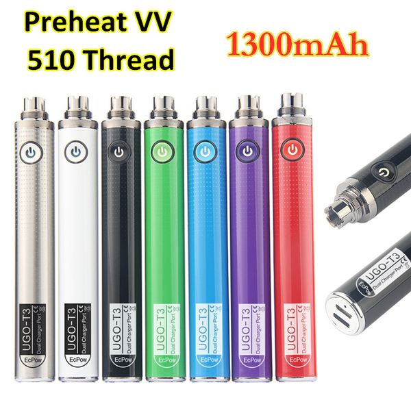 MOQ 5Pcs Original Vapes EVOD Préchauffer VV Vaporisateur UGO T3 Batterie 1300mAh Tension Variable Dual E Cig Chargeur Port 510 Fil Vape Pen eGo-T MT3 CE4