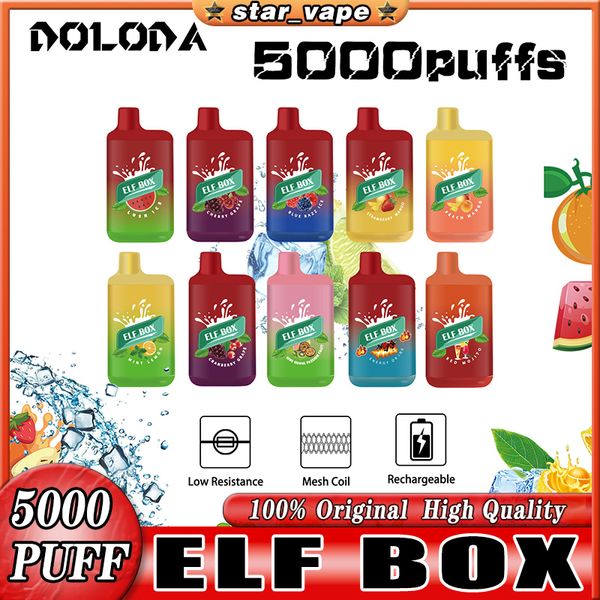 Boîte elfe d'origine 5000 Puffs 5000 Kit de périphérique de cigarette jetable E 650mAh Batterie rechargeable Préfilée 11 ml Pod Pod Vape Pen Box vs ELF 5000