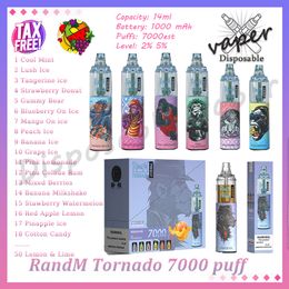 Originele RandM Tornado 7000 Puff wegwerp vape-pen Mesh Coil 14 ml voorgevulde pod 1000 mAh oplaadbare batterij 2% 5% verdamper 7k trekjes E-sigaret 50 smaken op voorraad