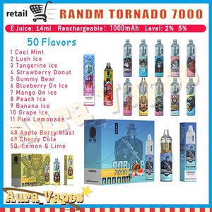 100% original RandM Tornado 7000 Puffs 2/5% E Cigarettes Pod Dispositif avec 14 ml de bobine de maille préremplie Contrôle du débit d'air Vapes jetables rechargeables Plus de taxe VS 9000 7K 9K