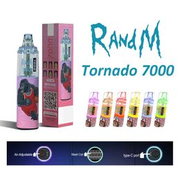 100% Original RandM Tornado 7000 Puffs Stylo Vape Jetable Cigarettes Électroniques Pod Mesh Coil 6 Couleurs Brillantes Rechargeable Air-réglable 0% 2% 3% 5% Vaporisateur 7K