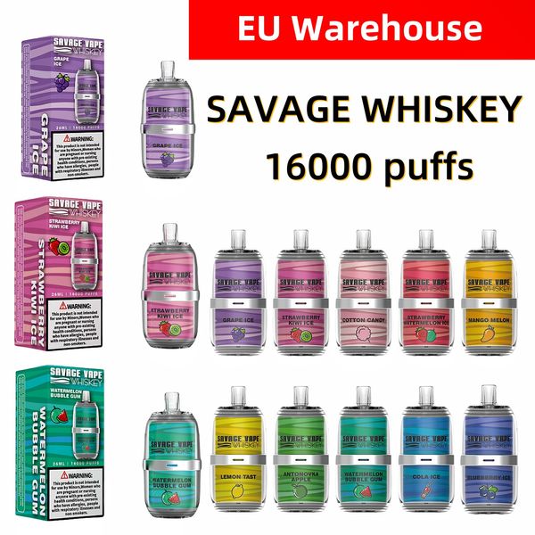 100% Savage Vape Whisky 16000 Vape E Cigarette EU Entrepôt en stock 26ml 5% Razz Bar 650mAh Mesh Coil 6 Colours LGB LIGHT TYPE-C RECHARGable VS VAPE 12000 IGET