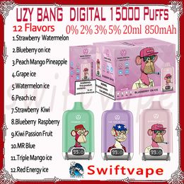 100% original UZY Bang digital 15000 Puff Cigarrillo electrónico desechable 12 sabores 20 ml Pod Batería recargable 850 mAh 15 K Puffs 0% 2% 3% 5% RBG Light Vape Pen Kit Entrega rápida