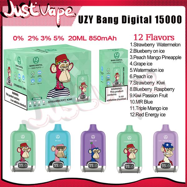 100% Original UZY Bang Digital 15000 Puff Jetable E Cigarettes Mesh Coil 20 ml Pod 850 mAh Batterie Électronique Cigs Puff 15K 0% 2% 3% 5% 12 saveurs Vape Retail