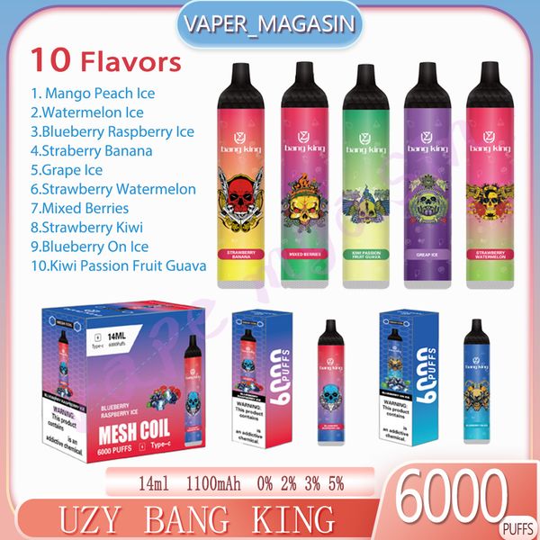 100% Original UZY BANG KING 6000 bouffées e-cigarette jetable capacité d'huile 14 ml 6K bouffées 10 saveurs 1100mAh batterie rechargeable Vape Pen 0% 2% 3% 5% concentration