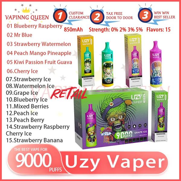 100% Original UZY VAPER 9000 Puff Cigarette électronique jetable 18 ml liquide 0% 2% 3% 5% 850mAh batterie rechargeable stylo Vape populaire