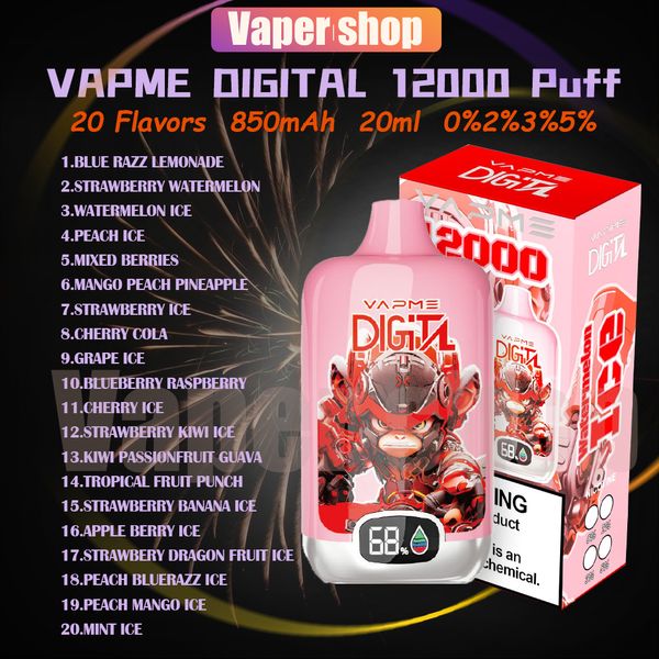 100% VAPME Digital 12000 Puffle à vape jetable Pen 20 ml Pod Mesh Coil 850mAh Device de batterie en gros Puffes Vape Puffes 12k Cigarette électronique