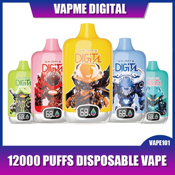 100% original VAPME DIGITAL 12000 Puffs Dispositif de vape jetable Pod Pod 850mah Batterie rechargeable 22ml Bobine de maille pré-remplie 1.0ohm avec écran RVB