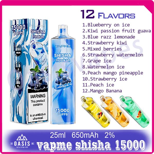 100% original Vapme Shisha 15000 Puff E Cigarette 650 mAh Batterie rechargeable 12 Saveurs 2% Niveau 25 ml Pod Puffs 15k Stylo Vape jetable