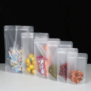 Lot de 100 sacs refermables Stand Up Sacs de stockage des aliments Pochette thermoscellée à fermeture éclair transparente mate avec encoche pour emballer les produits SnackTea