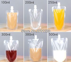 Paquete de 100, bolsa de embalaje de bebida de plástico de pie, bolsillo con boquilla para bebidas, jugo líquido, leche, café 201021