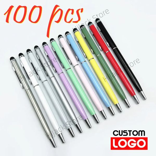 100 PCS 13Color Metal 2in1 Stylus Universal Ballpoint Pen Custom Text Graving Office School Advertising Wholesale 240430
