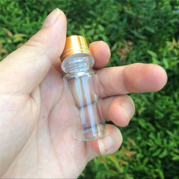 100 Uds. Botellas de vidrio pequeñas de 22x50mm y 10ml con tapa de plástico con tornillo dorado, viales de vidrio transparentes de 10cc