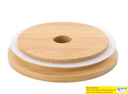 100 pcs couvercles à capuchon en bambou 70 mm 88 mm couvercle de pot de maçon en bois réutilisable avec trou de paille et phoque en silicone DHL livraison8587570