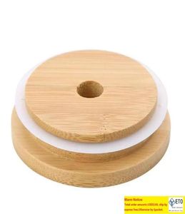 100 PCS LIDS BAMOO COULEUR 70 mm 88 mm Renusable couvercle de pot Mason en bois avec trou de paille et phoque en silicone DHL livraison7581594