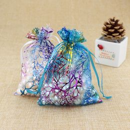 100 pièces bleu corail mode Organza bijoux cadeau pochette sacs 7x9cm sac à cordon Organza cadeau bonbons sacs bricolage cadeau Bags273c