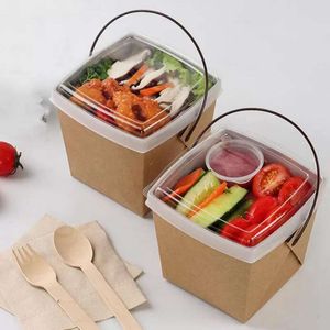 100 pc's wegwerp fastfoodboxen Kraft papieren lunchbox met handgreep dogget verpakking snackbox takeout containers