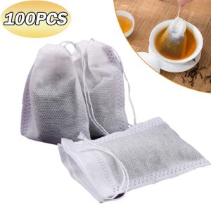 100 unids/lote bolsitas de té desechables de tela no tejida bolsas de filtro de té para té de especias con papel de filtro de cuerda para té suelto de hierbas