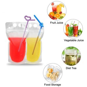 Sachets de boissons en plastique avec pailles, sachets de jus transparents réutilisables pour smoothies, boissons glacées, fruits